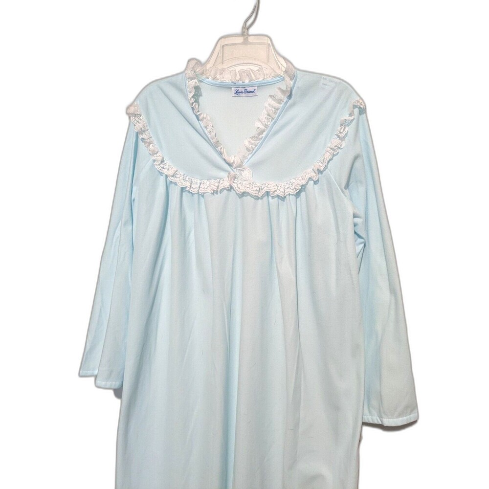NOS Light Blue Nightgown Vintage 80s L High Neck Modest Lace Trim Full Length